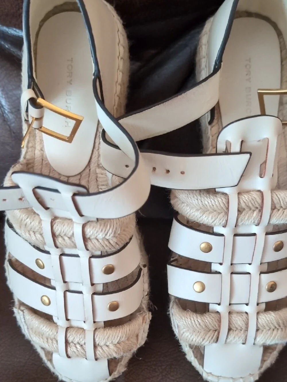 Tory Burch Cream Leather Espadrille Sandals with Gold Buckle